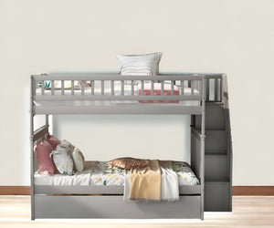 Homeroots Gray Full Over Full Farmhouse Style Bunk Bed With Trundle And Staircase  Manufactured Wood And Solid Wood 403664