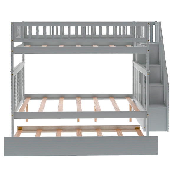 Homeroots Gray Full Over Full Farmhouse Style Bunk Bed With Trundle And Staircase  Manufactured Wood And Solid Wood 403664