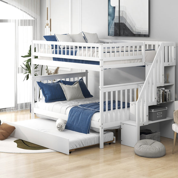 Homeroots White Full Over Full Farmhouse Style Bunk Bed With Trundle And Staircase  Manufactured Wood And Solid Wood 403665