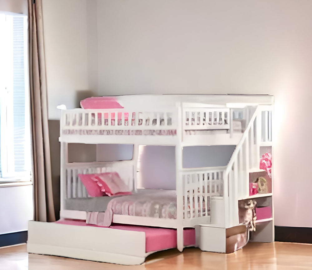 Homeroots White Full Over Full Farmhouse Style Bunk Bed With Trundle And Staircase  Manufactured Wood And Solid Wood 403665