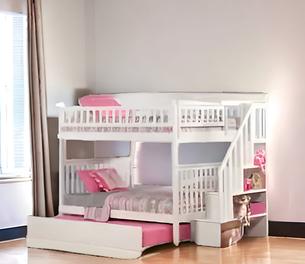 Homeroots White Full Over Full Farmhouse Style Bunk Bed With Trundle And Staircase  Manufactured Wood And Solid Wood 403665