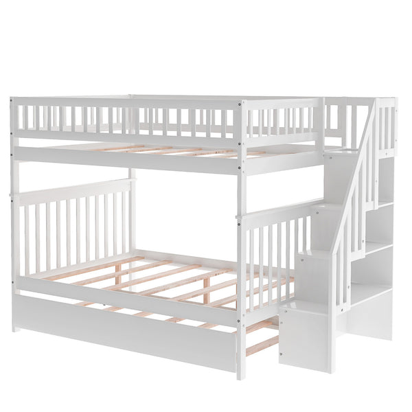 Homeroots White Full Over Full Farmhouse Style Bunk Bed With Trundle And Staircase  Manufactured Wood And Solid Wood 403665