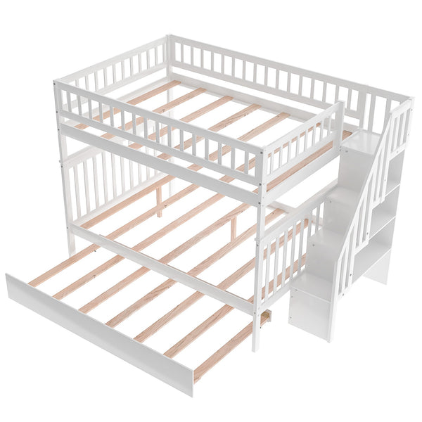 Homeroots White Full Over Full Farmhouse Style Bunk Bed With Trundle And Staircase  Manufactured Wood And Solid Wood 403665