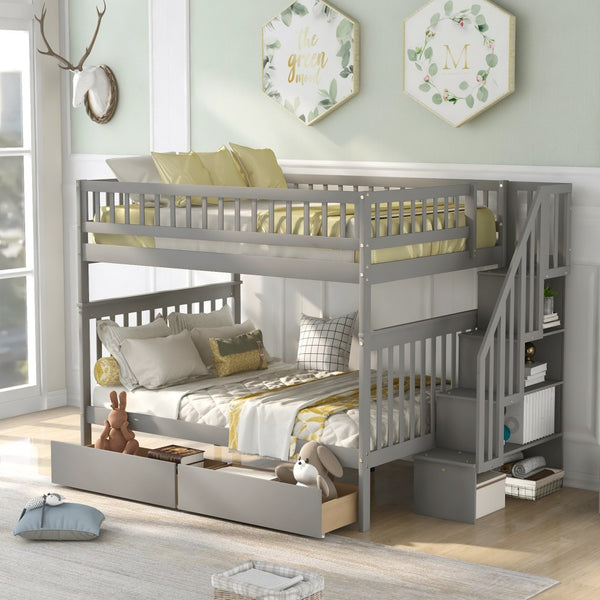 Homeroots Gray Full Over Full Farmhouse Style Bunk Bed With Storage Staircase  Manufactured Wood And Solid Wood 403666