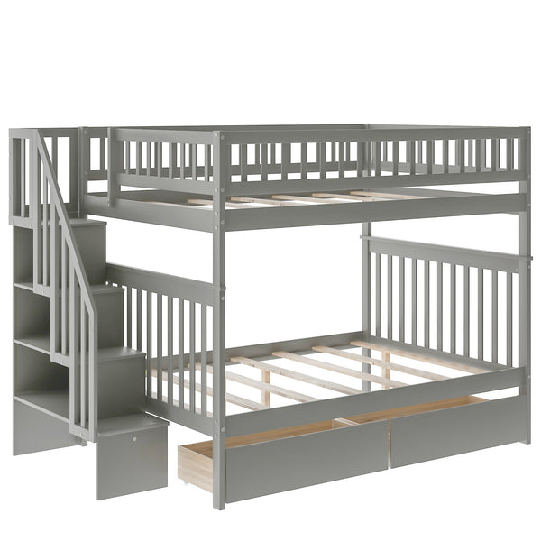 Homeroots Gray Full Over Full Farmhouse Style Bunk Bed With Storage Staircase  Manufactured Wood And Solid Wood 403666