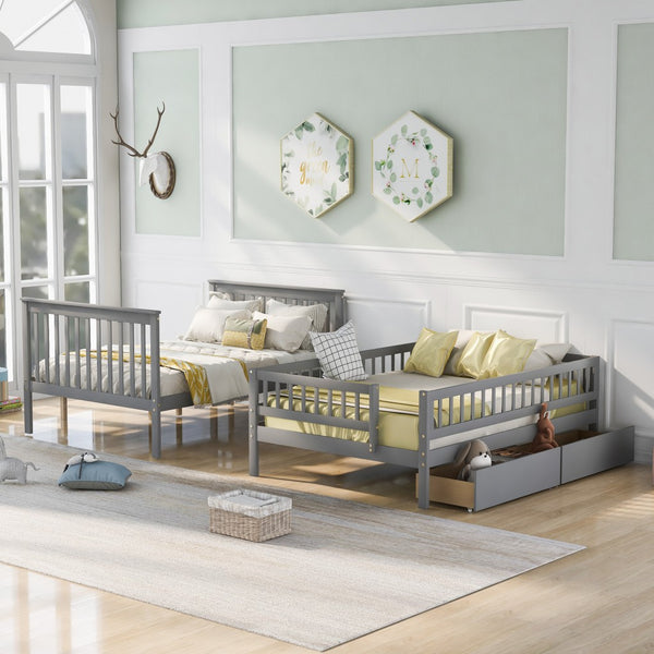 Homeroots Gray Full Over Full Farmhouse Style Bunk Bed With Storage Staircase  Manufactured Wood And Solid Wood 403666