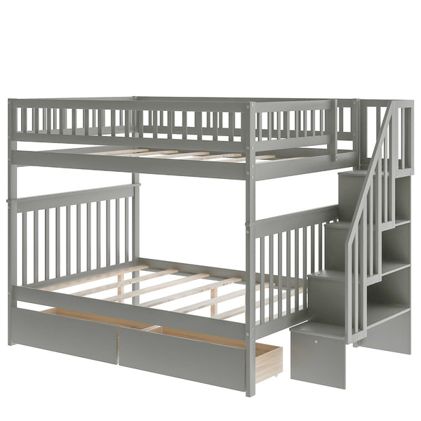 Homeroots Gray Full Over Full Farmhouse Style Bunk Bed With Storage Staircase  Manufactured Wood And Solid Wood 403666