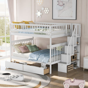 Homeroots White Full Over Full Farmhouse Style Bunk Bed With Storage Staircase  Manufactured Wood And Solid Wood 403667