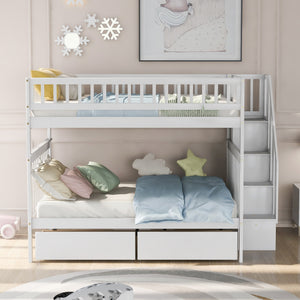 Homeroots White Full Over Full Farmhouse Style Bunk Bed With Storage Staircase  Manufactured Wood And Solid Wood 403667