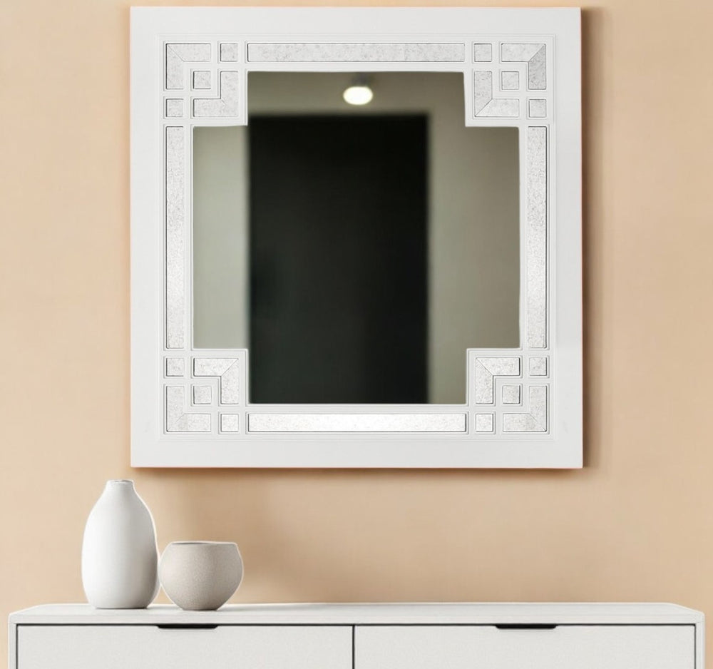 HomeRoots 39" White Square Accent Wood Mirror - Modern Framed Design for Brightening Any Room Aesthetic 403715