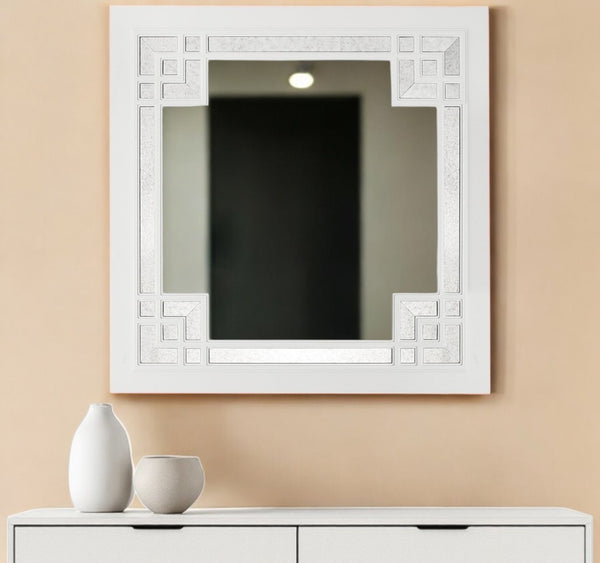 HomeRoots 39" White Square Accent Wood Mirror - Modern Framed Design for Brightening Any Room Aesthetic 403715