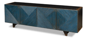 Sarreid Low Wall Console For Tv - Stylish Dark Blue Wash With Reclaimed Pine And 2 Removable Shelves Blue  40373