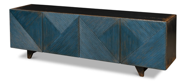 Sarreid Low Wall Console For Tv - Stylish Dark Blue Wash With Reclaimed Pine And 2 Removable Shelves Blue  40373