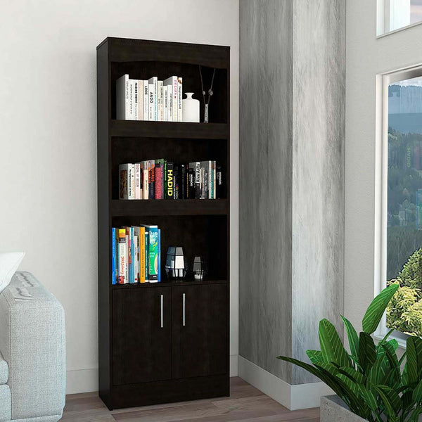 HomeRoots 71" Light Gray Wood Three-Tier Bookcase with Two Doors for Stylish Storage & Organization in Any Room 403739