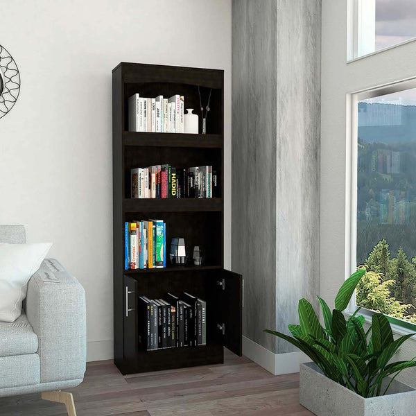 HomeRoots 71" Light Gray Wood Three-Tier Bookcase with Two Doors for Stylish Storage & Organization in Any Room 403739