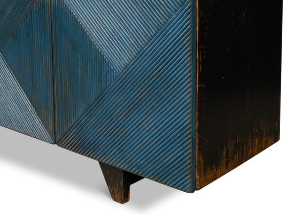 Sarreid Low Wall Console For Tv - Stylish Dark Blue Wash With Reclaimed Pine And 2 Removable Shelves Blue  40373