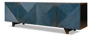 Sarreid Low Wall Console For Tv - Stylish Dark Blue Wash With Reclaimed Pine And 2 Removable Shelves Blue  40373
