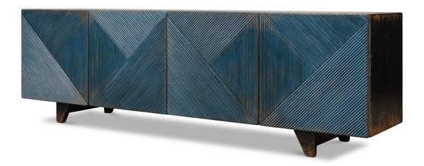 Sarreid Low Wall Console For Tv - Stylish Dark Blue Wash With Reclaimed Pine And 2 Removable Shelves Blue  40373