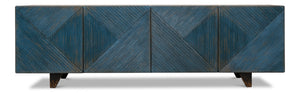 Sarreid Low Wall Console For Tv - Stylish Dark Blue Wash With Reclaimed Pine And 2 Removable Shelves Blue  40373