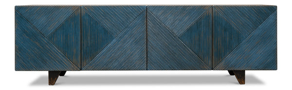 Sarreid Low Wall Console For Tv - Stylish Dark Blue Wash With Reclaimed Pine And 2 Removable Shelves Blue  40373