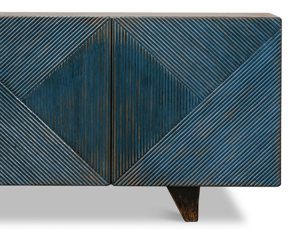 Sarreid Low Wall Console For Tv - Stylish Dark Blue Wash With Reclaimed Pine And 2 Removable Shelves Blue  40373