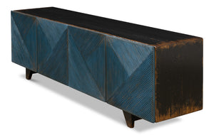 Sarreid Low Wall Console For Tv - Stylish Dark Blue Wash With Reclaimed Pine And 2 Removable Shelves Blue  40373
