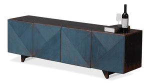 Sarreid Low Wall Console For Tv - Stylish Dark Blue Wash With Reclaimed Pine And 2 Removable Shelves Blue  40373