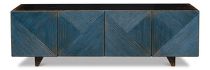 Sarreid Low Wall Console For Tv - Stylish Dark Blue Wash With Reclaimed Pine And 2 Removable Shelves Blue  40373