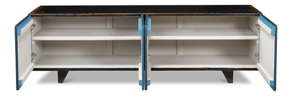 Sarreid Low Wall Console For Tv - Stylish Dark Blue Wash With Reclaimed Pine And 2 Removable Shelves Blue  40373