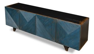 Sarreid Low Wall Console For Tv - Stylish Dark Blue Wash With Reclaimed Pine And 2 Removable Shelves Blue  40373