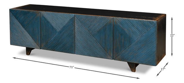 Sarreid Low Wall Console For Tv - Stylish Dark Blue Wash With Reclaimed Pine And 2 Removable Shelves Blue  40373