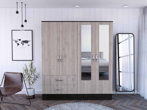 Homeroots 71" Light Oak And Black Four Door Wardrobe Closet With Mirrors  Manufactured Wood 403743