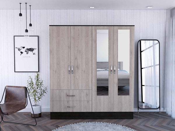 Homeroots 71" Light Oak And Black Four Door Wardrobe Closet With Mirrors  Manufactured Wood 403743