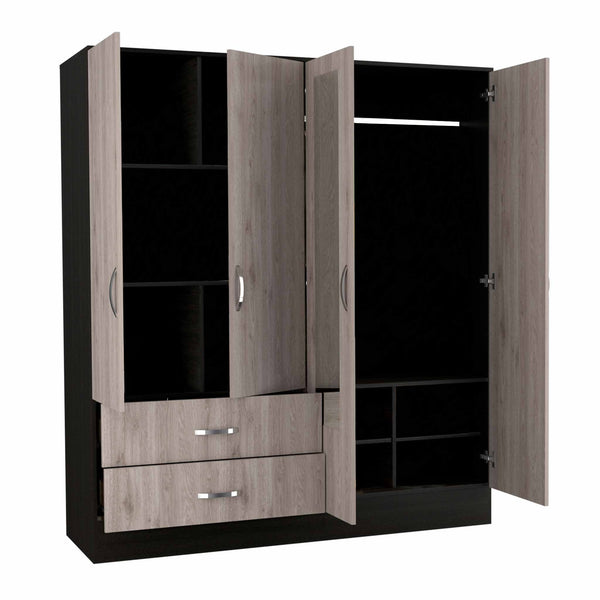 Homeroots 71" Light Oak And Black Four Door Wardrobe Closet With Mirrors  Manufactured Wood 403743