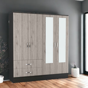 Homeroots 71" Light Oak And Black Four Door Wardrobe Closet With Mirrors  Manufactured Wood 403743