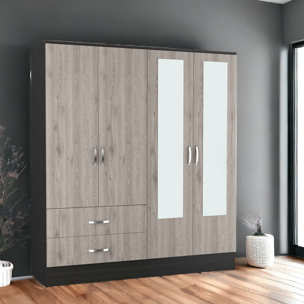 Homeroots 71" Light Oak And Black Four Door Wardrobe Closet With Mirrors  Manufactured Wood 403743