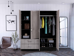 Homeroots 71" Light Oak And Black Four Door Wardrobe Closet With Mirrors  Manufactured Wood 403743