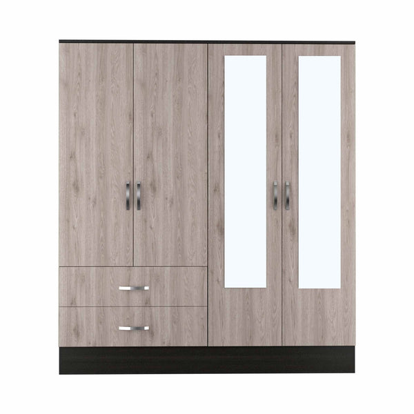 Homeroots 71" Light Oak And Black Four Door Wardrobe Closet With Mirrors  Manufactured Wood 403743