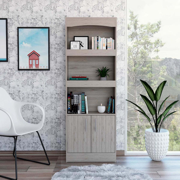 HomeRoots 71" Three Tier Bookcase with Doors - Durable, Space-Saving Storage for Books & Décor in Any Room 403759