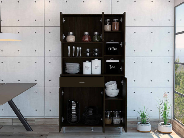 Homeroots 67" Modern Black Pantry Cabinet With Five Shelves  Particle Board 403773