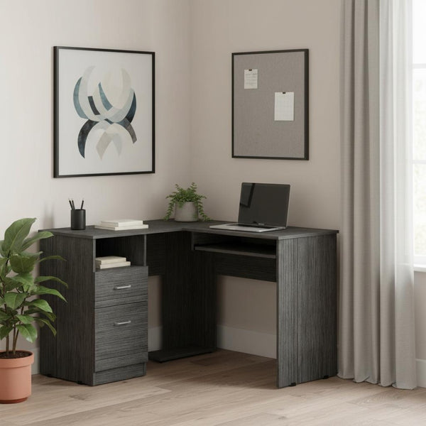 HomeRoots 41" Gray L Shape Computer Desk – Modern Design with Two Drawers for Efficient Home Office Organization 403823