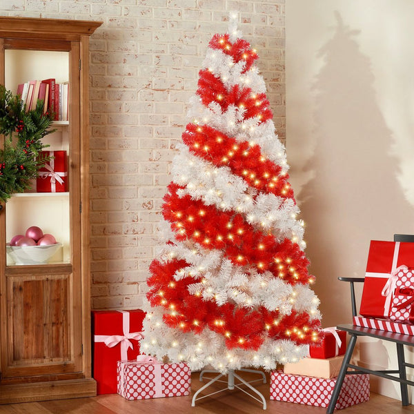 English Elm 6ft Candy Cane Christmas Tree with 300 Warm White LEDs, 904 Bendable Branches, Easy Assemble Joyfully Festive Decor N710P181789J