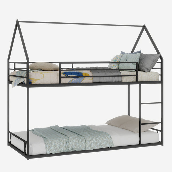 English Elm Metal Twin over Twin Bunk Bed Sturdy Heavy-Duty Frame with Silent Slats, 13" Guardrail & Ladder Black W1935P330797