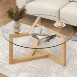 English Elm [New Picture] Round Glass Coffee Table Modern Cocktail Table Easy Assembly With Tempered Glass Top & Sturdy Wood Base, Natural (Old Sku: Wf190112Aal)