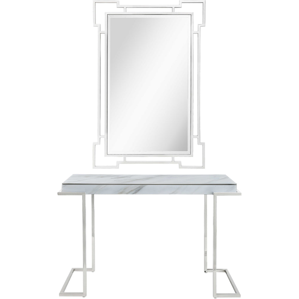 Homeroots Set Of Two 46" White And Silver Faux Marble Mirrored Sled Console Table   403865