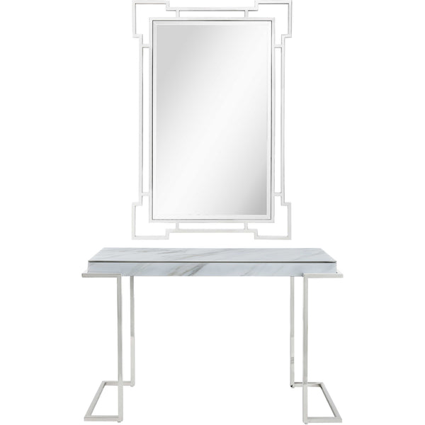 Homeroots Set Of Two 46" White And Silver Faux Marble Mirrored Sled Console Table   403865