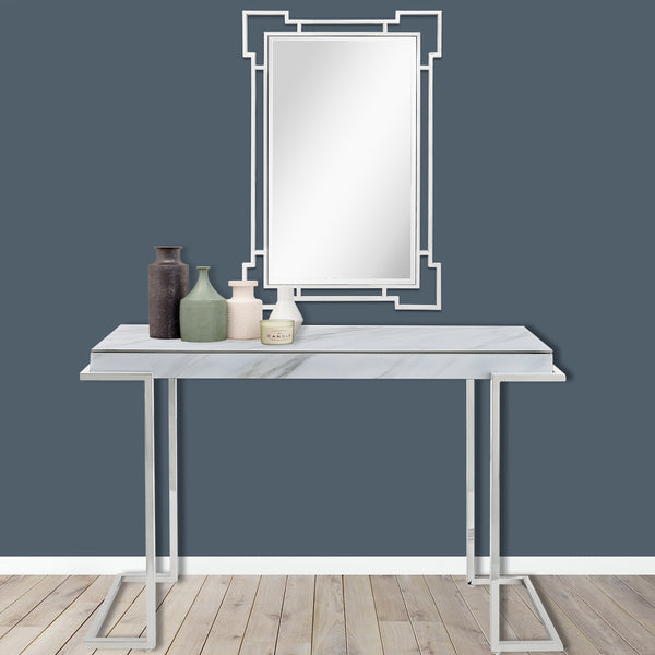 Homeroots Set Of Two 46" White And Silver Faux Marble Mirrored Sled Console Table   403865
