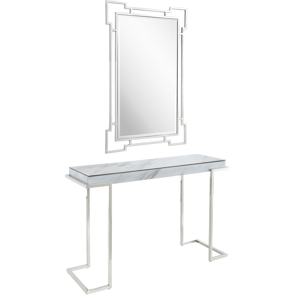 Homeroots Set Of Two 46" White And Silver Faux Marble Mirrored Sled Console Table   403865