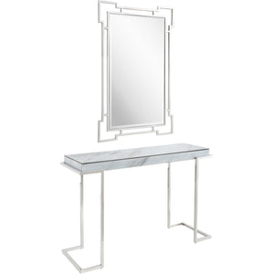 Homeroots Set Of Two 46" White And Silver Faux Marble Mirrored Sled Console Table   403865
