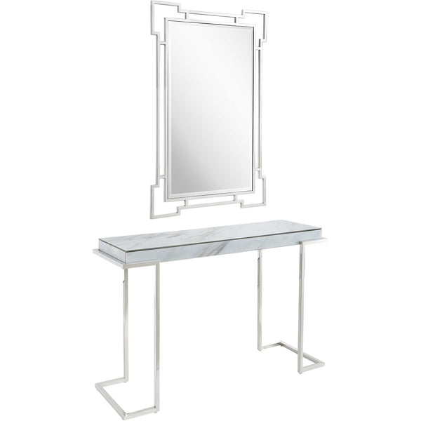 Homeroots Set Of Two 46" White And Silver Faux Marble Mirrored Sled Console Table   403865